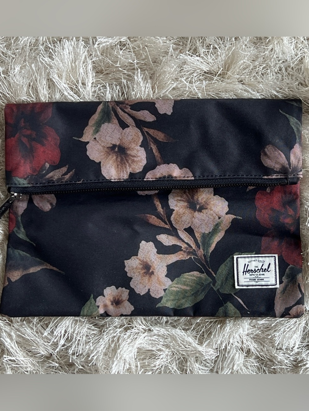 Herschel Supply Company Floral Black Cosmetic Pouch with Red and Cream Flowers